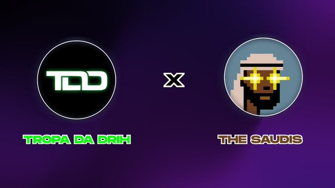 A promotional graphic featuring two circular logos separated by an 'X' on a purple background: 'TDD / TROPA DA BRIH' on the left and a pixel art character labeled 'THE SAUDIS' on the right.