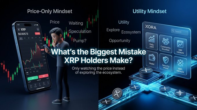 A split-screen graphic titled 'What's the Biggest Mistake XRP Holders Make?' contrasting 'Price-Only Mindset' (a worried man looking at a phone with an XRP chart) with 'Utility Mindset' (a futuristic interface labeled 'XORA' showing various ecosystem features).