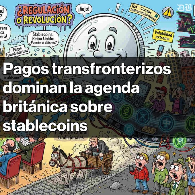 A satirical cartoon illustration depicts a giant anthropomorphized stablecoin towering over a chaotic scene with Spanish text bubbles including "¿REGULACIÓN O REVOLUCIÓN?," "Stablecoins: Reino Unido: ¿Puente o abismo?," "Pagos transfronterizos," "Correos internacionales," "Volatilidad extrema," and "Flujos de capital tradicionales," while a red banner overlays reading "Pagos transfronterizos dominan la agenda británica sobre stablecoins"—directly illustrating the post's theme of cross-border payments and UK regulatory debates surrounding stablecoins.