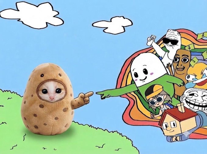 A humorous meme-style image showing a cat inside a potato costume pointing at a colorful collage of internet meme characters including Wojak, Gigachad, and others against a sky-blue background with white clouds.