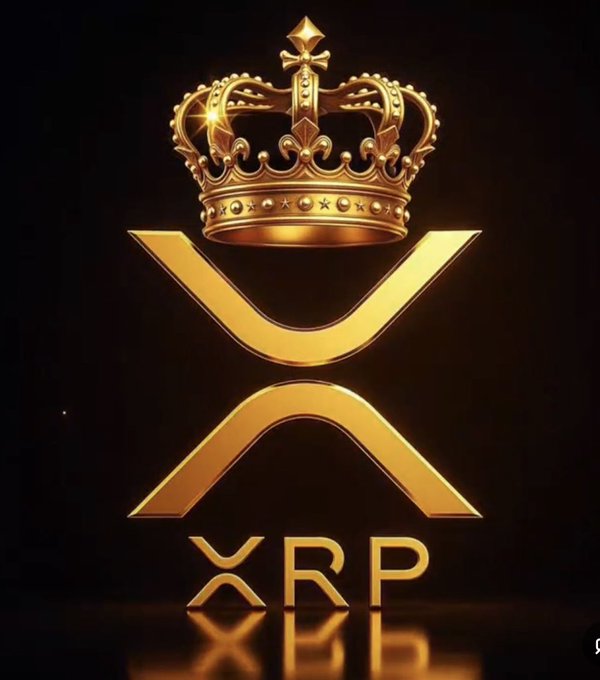 A stylized graphic featuring a golden crown above a glowing golden 'X' symbol with 'XRP' text beneath it, set against a dark background.