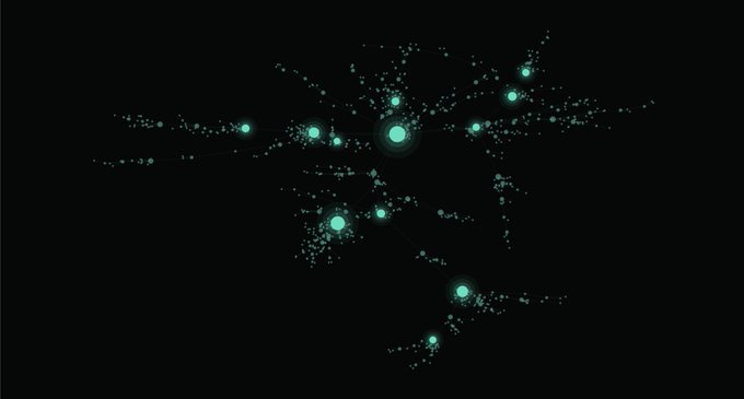 An abstract digital visualization showing glowing green particles and nodes connected by lines against a black background, resembling a network or constellation pattern.