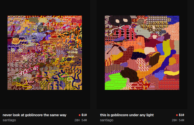 Two digital artworks by santiago displayed on an NFT marketplace, titled 'never look at goblincore the same way' and 'this is goblincore under any light,' both priced at $10.
