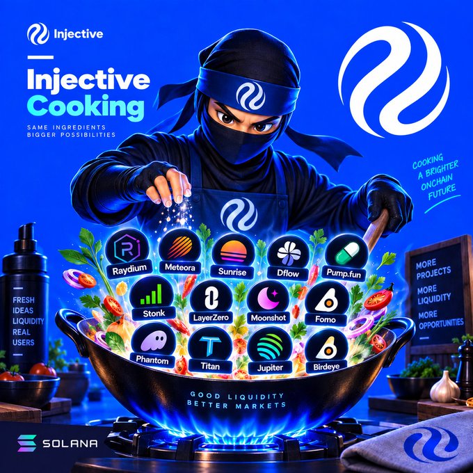 An 'Injective Cooking' promotional graphic showing a ninja chef cooking a wok filled with crypto project icons including Raydium, Meteora, Sunrise, Dflow, Pump.fun, Stonk, LayerZero, Moonshot, Forno, Phantom, Titan, Jupiter, and Birdeye, with Solana branding.