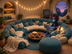 An illustration of a cozy circular lounge room with teal cushions, string lights, a TV, plants, and a small character sitting in the middle, with a round window showing a purple sky.