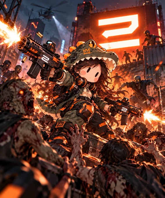 A dynamic digital illustration shows a stylized character in a dinosaur-themed outfit dual-wielding firearms amid a chaotic zombie battle, with a large glowing orange number '2' in the background.