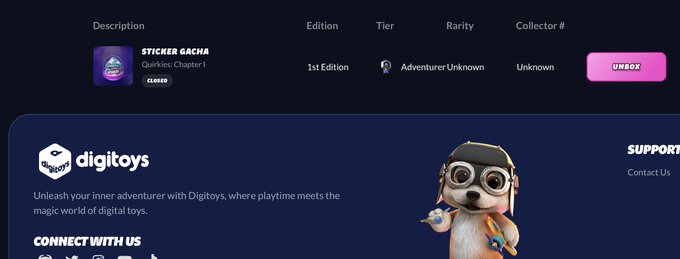 A screenshot of a Digitoys interface showing a "STICKER GACHA" NFT listing with 1st Edition, Adventurer rarity, and an UNBOX button.