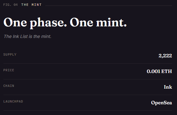 A dark interface panel titled 'One phase. One mint.' for 'THE MINT' showing details: Supply 2,222, Price 0.001 ETH, Chain Ink, and Launchpad OpenSea.