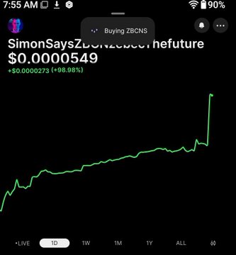 A mobile stock chart showing a token 'SimonSaysZb...hefuture' at $0.0000549 with a +98.98% gain (+$0.0000273), displaying a sharp upward trending line graph on a dark background with a 'Buying ZBCNS' notification.
