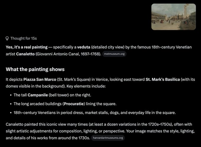An 18th-century Canaletto veduta of Venice's Piazza San Marco, featuring the Campanile, Procuratie arcades, and St. Mark's Basilica. The image is being verified by an AI (Grok) confirming the painting's authenticity, as noted in the accompanying text "gRoK iS tHiS tRuE  Yes, it is."