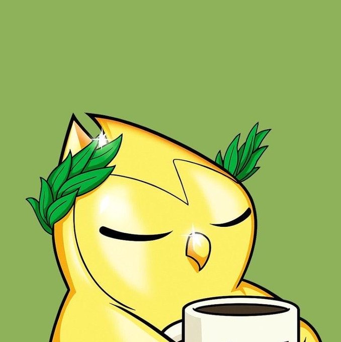 An illustration of a yellow owl-like creature wearing a green laurel wreath, with closed eyes and a content expression, holding a white mug against a green background.