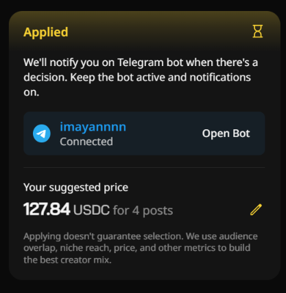 A mobile app screen displays an 'Applied' status for user 'imayannnm' with a suggested price of '127.84 USDC for 4 posts'.