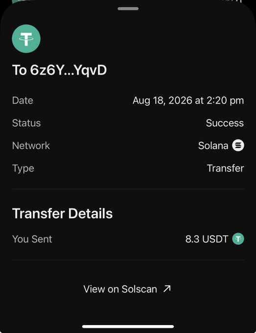 A cryptocurrency transaction receipt showing a successful transfer of 8.3 USDT on the Solana network, dated Aug 18, 2026 at 2:20 pm, sent to address 6z6Y...YqvD.