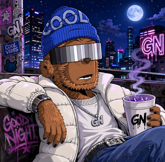 An illustrated bear character wearing a 'COOL' beanie and futuristic visor, sitting on a rooftop at night with city lights, a full moon, and holding a 'GN' cup with steam rising.
