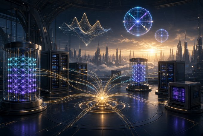 A futuristic sci-fi scene shows a high-tech computing facility with glowing cylindrical servers, holographic data visualizations, and a city skyline at sunset.