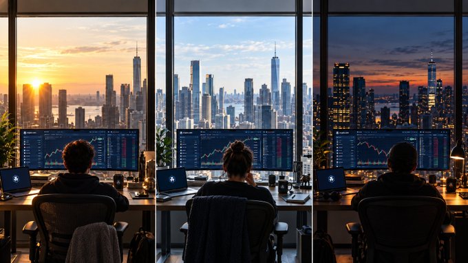 The image presents a trader seated at a multi-monitor workstation with stock charts and data displayed, set against a city skyline that transitions from sunrise to midday to a glowing night view, illustrating the different times of day when traders may be active. The accompanying post's question about being an early bird, day trader, or night owl is visually represented by the three panels showing market activity from dawn through dusk to nightfall.
