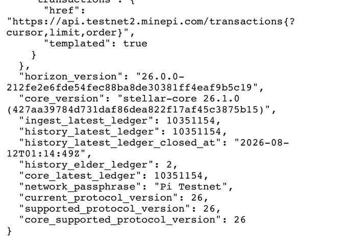 A screenshot of JSON code showing API configuration for 'api.testnet2.minepi.com' with Stellar core version '26.1.0' and network passphrase 'Pi Testnet'.