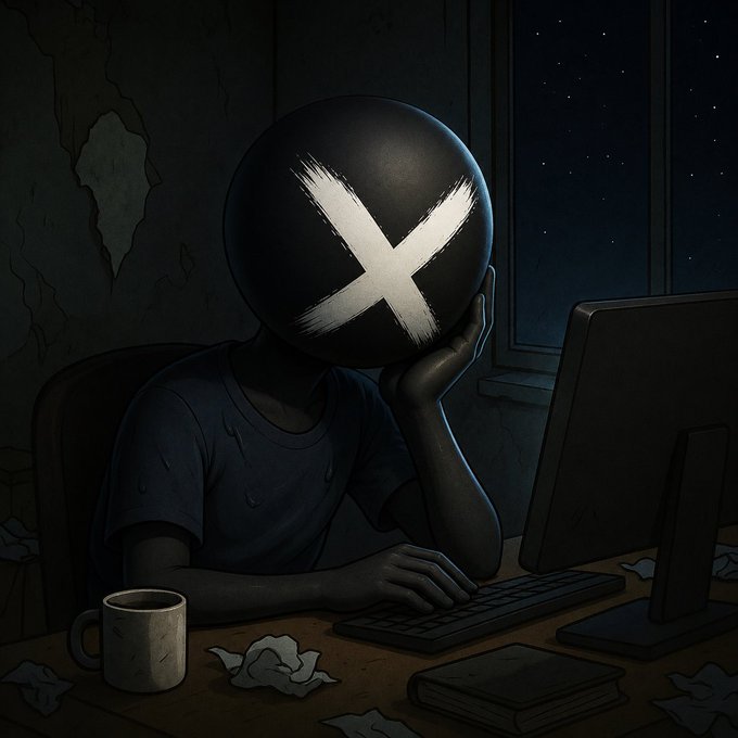 A faceless figure with a white "X" on its black head sits hunched at a computer in a dark, run-down room, hands on keyboard beside a coffee mug and scattered papers—visually capturing the exhausted, anonymous grind behind the post's announcement: "WE'RE LAUNCHED!! CA: 3pqBSEyYajqbpWUk6LgSD36omSHGJokatPRtfE2fpump."