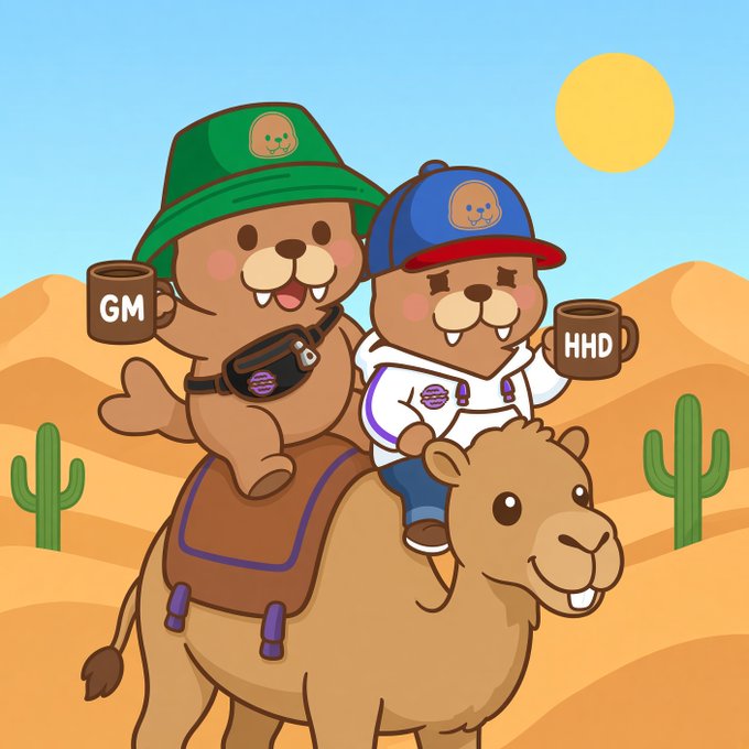 A cartoon illustration features two brown characters riding a camel through a desert landscape; one holds a mug labeled 'GM' and the other holds one labeled 'HHD'.