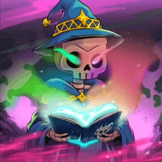 The image features a skeleton dressed as a wizard, holding an open book with a star at its center. The skeleton appears to be reading from the book or possibly casting spells using the star's power. The background of the image is dark purple, which contrasts with the skeleton and the book. There are also some stars visible in the scene.

The post includes text that reads "Gm! I should buy a lottery ticket because today is a lucky day". This message seems to be related to the skeleton's magical abilities or perhaps the book they're holding. The overall theme of the image could be interpreted as a connection between luck, magic, and the power of reading.
