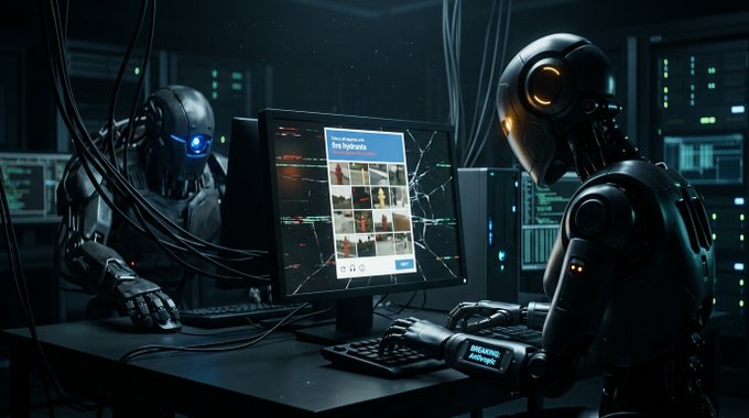 Two futuristic robots sit at a computer desk with a cracked monitor displaying a grid of images in a dimly lit server room.