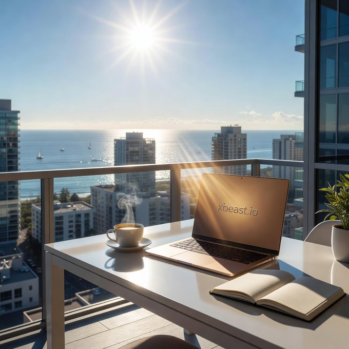 A laptop displaying 'xbeast.io' sits on a balcony table next to a steaming coffee cup, with a sunlit ocean and city skyline view in the background.