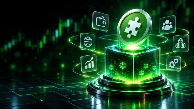A glowing green 3D graphic shows a central cube with a puzzle piece icon, surrounded by floating icons representing wallet, globe, people, cubes, chart, and settings, set against a digital chart background.