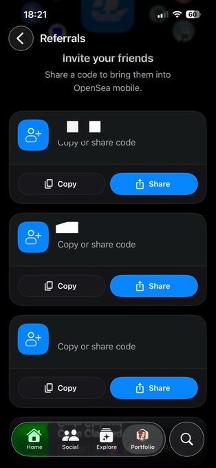 A mobile app 'Referrals' screen from OpenSea mobile with the prompt 'Invite your friends', showing options to copy or share referral codes.