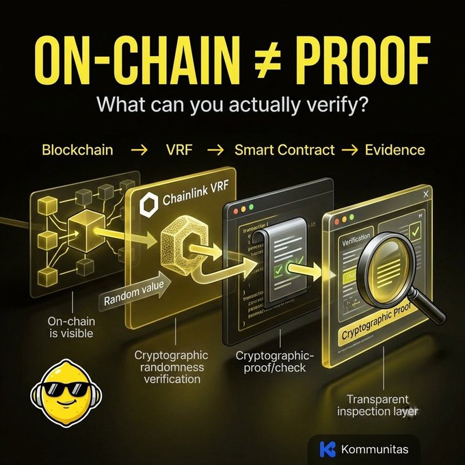 A Kommunitas infographic titled 'ON-CHAIN ≠ PROOF' explaining a verification flow from Blockchain → VRF → Smart Contract → Evidence, featuring Chainlink VRF and cryptographic proof components on a yellow and black background.