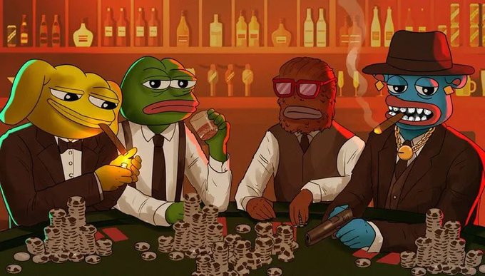 An animated cartoon depicting four characters—a duck, a frog, a monkey, and a blue monster—dressed as 1920s gangsters in a smoky bar with stacks of coins and a gun on the table.