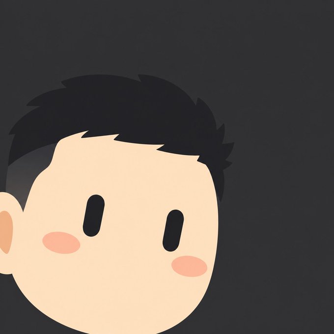 A simple cartoon-style illustration of a boy's face with black hair, pink cheeks, and neutral dot eyes against a dark gray background.