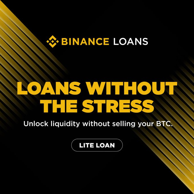 The image is a promotional banner for **Binance Loans** featuring the bold headline "LOANS WITHOUT THE STRESS" with the subtext "Unlock liquidity without selling your BTC" and a "LITE LOAN" call-to-action button, all set against a sleek black background with diagonal gold accents. It visually reinforces the accompanying post's message by introducing Binance's Lite Loan service as a simple way to borrow funds without needing to liquidate Bitcoin holdings.