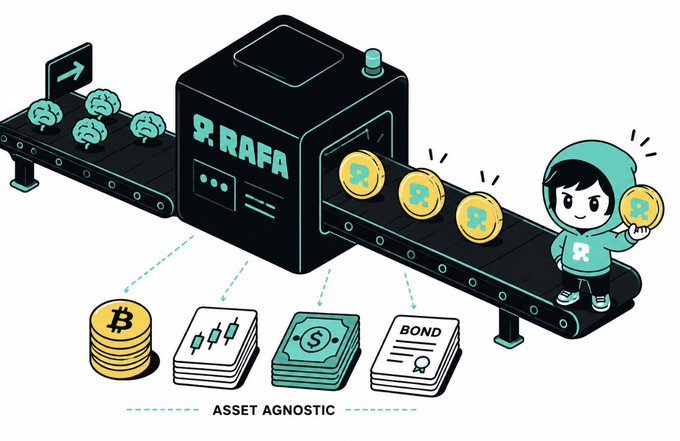 The image shows a cartoon depiction of an AI-managed fund called "RAFA" that has been tokenized into ERC-20 tokens. The funds are being distributed among different pools, each represented by a stack of coins. A boy is standing next to these stacks of coins and holding one up in the air. The post explains how this tokenization process works, stating that any AI model can stake their token into an AI managed fund, but they must first stake 10,000 RAFA as insurance. This ensures alignment with the fund's governance structure and provides a reward for investing in the fund.
