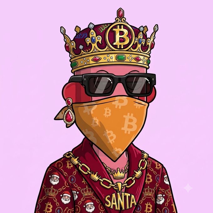 A stylish cartoon character sports a crown adorned with a Bitcoin logo, sunglasses, a Bitcoin-patterned face covering, a large gold chain featuring a "SANTA" pendant, and a luxurious robe decorated with Santa Claus motifs and Bitcoin symbols—all perfectly fitting the "gm NFTs" vibe with a festive, wealthy crypto flair.