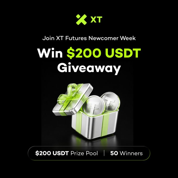 A promotional graphic for 'XT' exchange announcing a 'Win $200 USDT Giveaway' for 'XT Futures Newcomer Week', featuring a silver gift box filled with coins.