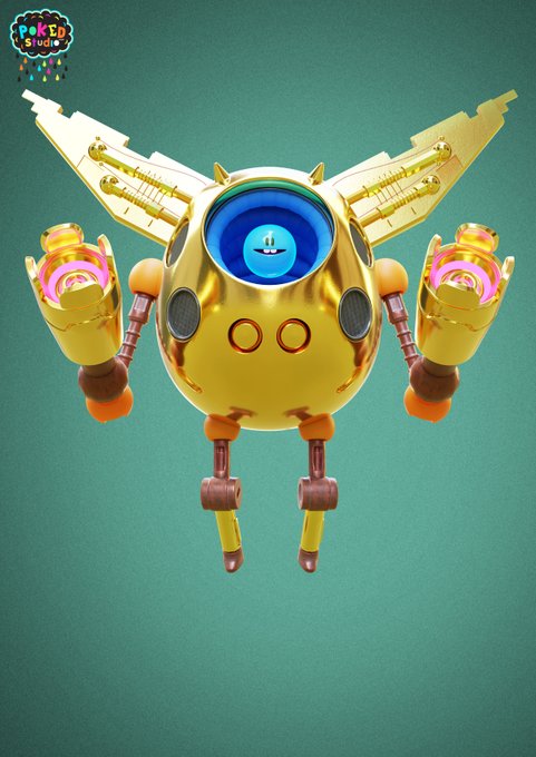 A 3D-rendered golden robotic character with blue eyes, wings, and orange accents floats against a teal background, with a small logo in the upper left corner.
