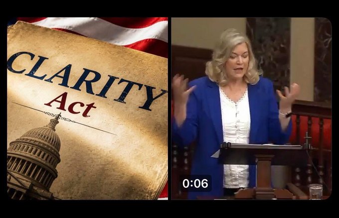 The image features a woman standing behind a podium, giving a speech or presentation. The text "BOOOOOOOMMMMMMM SENATOR LUMMIS ON THE CLARITY ACT" can be seen at the bottom of the image. This suggests that she is discussing the clarity act and its importance in ensuring transparency and openness within the government.