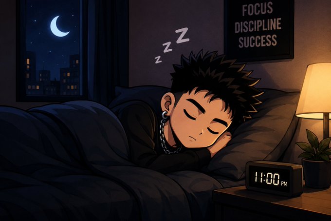 An anime-style illustration depicts a young man with spiky hair sleeping peacefully in bed at 11:00 PM, with a night cityscape and crescent moon visible through the window, and a framed poster reading 'FOCUS DISCIPLINE SUCCESS' on the wall.