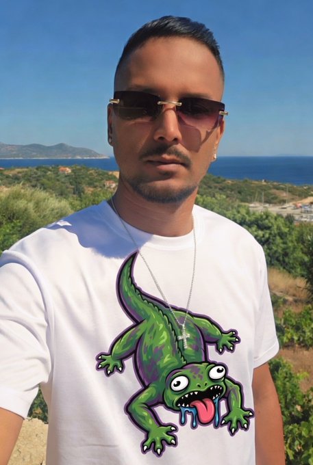 A man wearing sunglasses and a white t-shirt featuring a cartoon gecko graphic stands outdoors with a coastal landscape, including sea and mountains, in the background.