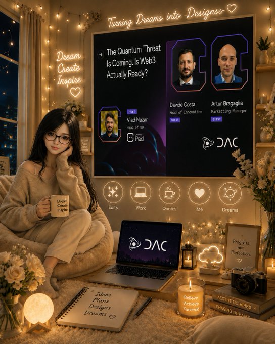 An aesthetic room scene with a woman holding a 'Dream Create Inspire' mug, a neon sign reading 'Turning Dreams into Designs', and a large screen displaying a podcast titled 'The Quantum Threat Is Coming. Is Web3 Actually Ready?' featuring Vlad Nazar, Davide Costa, and Artur Bragaglia, with icons for 'Edits', 'Work', 'Quotes', 'Me', and 'Dreams'.