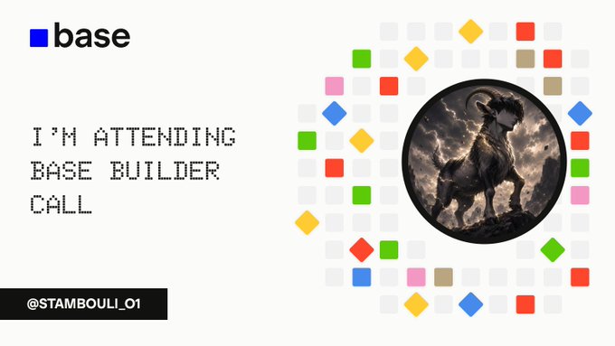 The image announces "I'M ATTENDING BASE BUILDER CALL" in pixelated text alongside the "base" logo, featuring a central illustration of a mystical goat/rein deer on a cliff surrounded by colorful pixel diamonds. It promotes the creator's attendance (handle @stambouli_01) at a Base Builder Call event, with the accompanying post teasing an upcoming exchange announcement in the crypto "bear market."