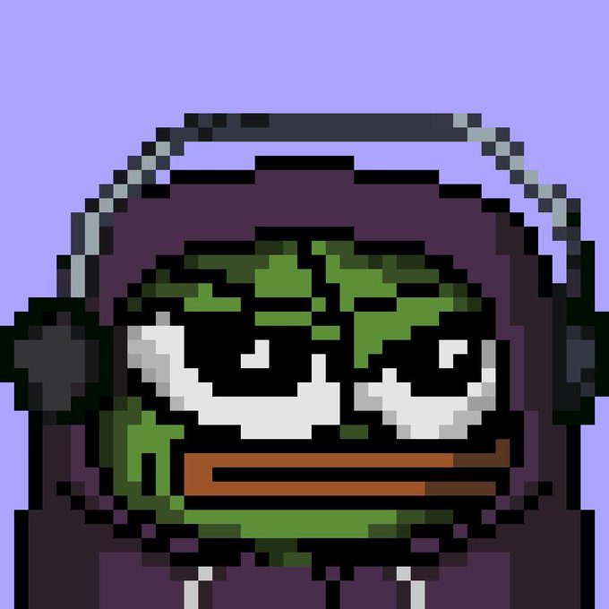 A pixel art style image of a green-skinned character with large white eyes wearing a purple hood and headphones, set against a purple background.