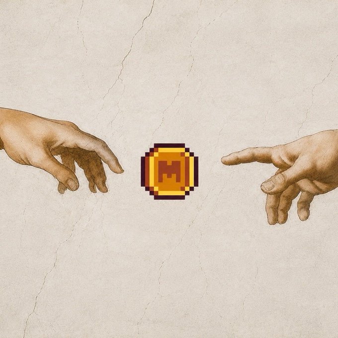 A parody of Michelangelo's 'Creation of Adam' with two hands reaching toward each other, but instead of touching, a pixelated golden Monero (XMR) cryptocurrency coin floats between them against a cracked stone background.