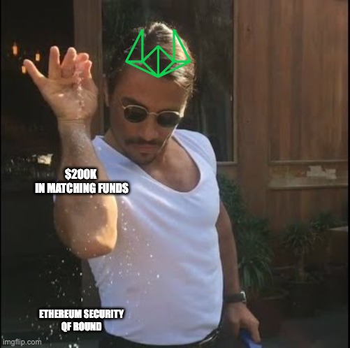 The image shows a man wearing sunglasses and a white t-shirt with green triangles on his head, who appears to be shaking hands or giving something to someone while holding a blue object. The background of the image features a wooden door. Below this scene is a caption that reads "The Ethereum Security QF Round, moments before results: “Needs more security funding.” @wintermute_t : say less". This caption suggests that there might be an event or discussion related to cryptocurrency and security in the image's context.