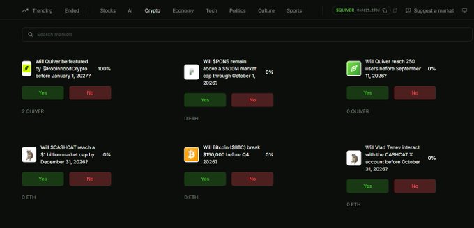 A screenshot of a prediction market platform interface with categories like 'Trending,' 'Crypto,' and 'Tech,' showing several binary 'Yes/No' prediction markets including 'Will Quiver be featured by @RobinhoodCrypto before January 1, 2027?' and 'Will $PONDs remain above a $100M market cap through October 1, 2026?'.