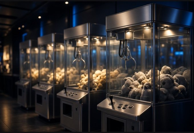A row of illuminated arcade claw machines filled with plush teddy bears in a dimly lit venue with blue accent lighting.