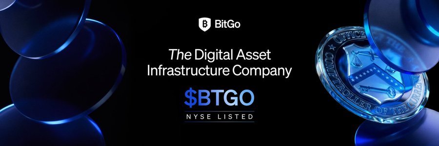 BitGo's promotional banner identifies it as "The Digital Asset Infrastructure Company" with its ticker "$BTGO" noted as NYSE Listed, visually aligning with the announcement of BitGo selecting Chainlink's CCIP to migrate approximately $7.7 billion in wrapped Bitcoin (WBTC) for enhanced cross-chain interoperability.
