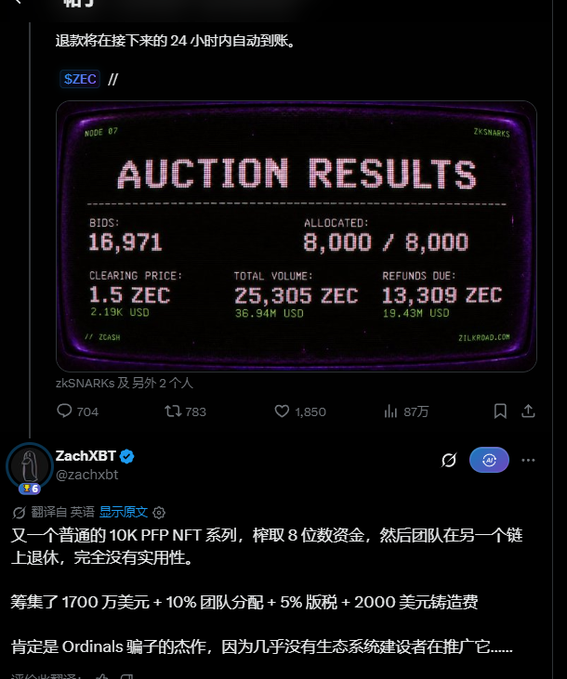 Screenshot of a social media post by ZachXBT (@zachxbt) criticizing a 10K PFP NFT series, featuring an "AUCTION RESULTS" image for "ZEC" showing 16,971 bids and 8,000 allocated.