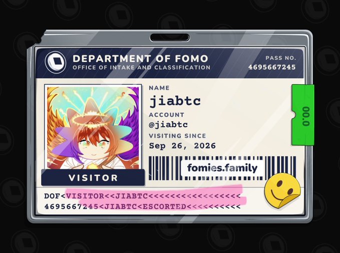 Digital ID badge from 'DEPARTMENT OF FOMO, OFFICE OF INTAKE AND CLASSIFICATION' for a 'VISITOR' named 'jiabtc' from 'fomies.family', visiting since Sep 26, 2026, with an anime character avatar and barcode.