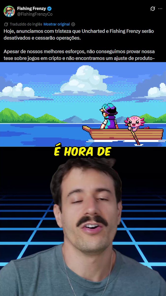 The image features a man with a mustache wearing a gray t-shirt who appears to be talking about fishing. The caption of the image reads "GAZETA RONIN #102 Adeus ao Fishing Frenzy, 36k $bAXS no Axie Classic, Terrariuns chegando e mais No vídeo de hoje temos o triste encerramento do @FishingFrenzyCo, a nova temporada do Axie Classic distribuindo 36 mil $bAXS, os mercados de previsão chegando ao Moki Mayhem". The man is talking about fishing and the post seems to be related to fishing.